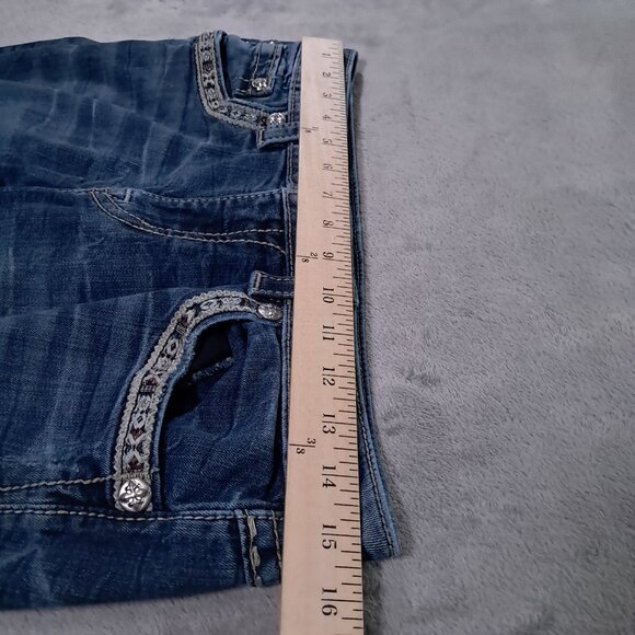 Miss Me Jean Womens 31x28, Tag 30x32 Blue Denim Bootcut Embellished Hemmed Up - Picture 10 of 16